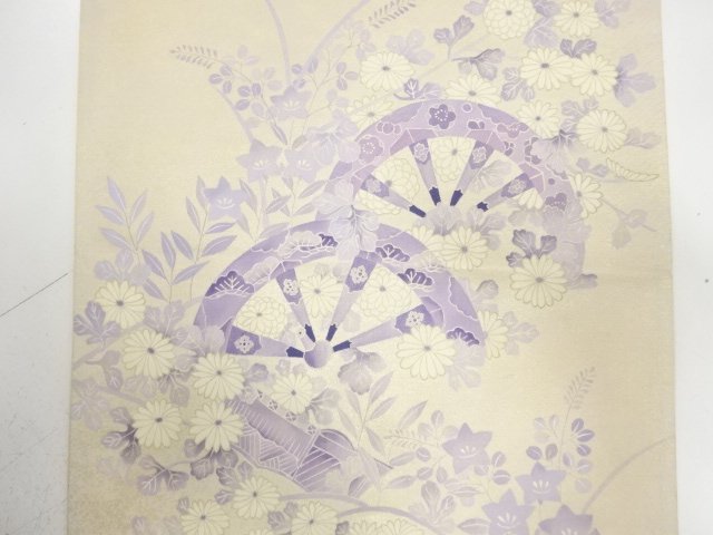  アンティーク　作家物　手描友禅　片輪車に草花模様袋帯（材料）